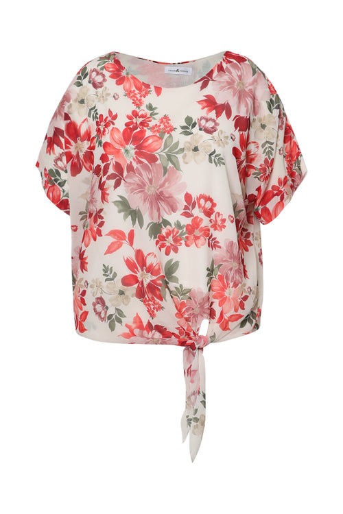 Blouse van viscose met bloemenprint en strikdetail-Paprika-1