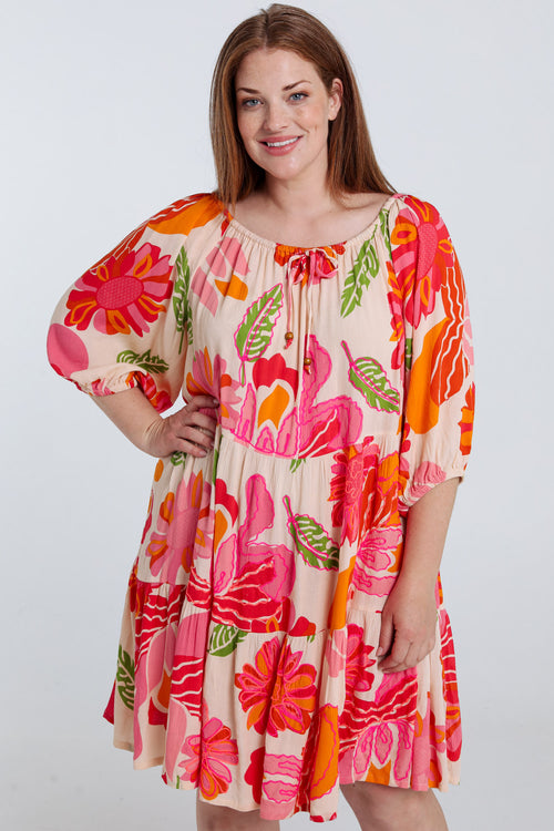 Korte jurk van viscose met bloemenprint-Paprika-1