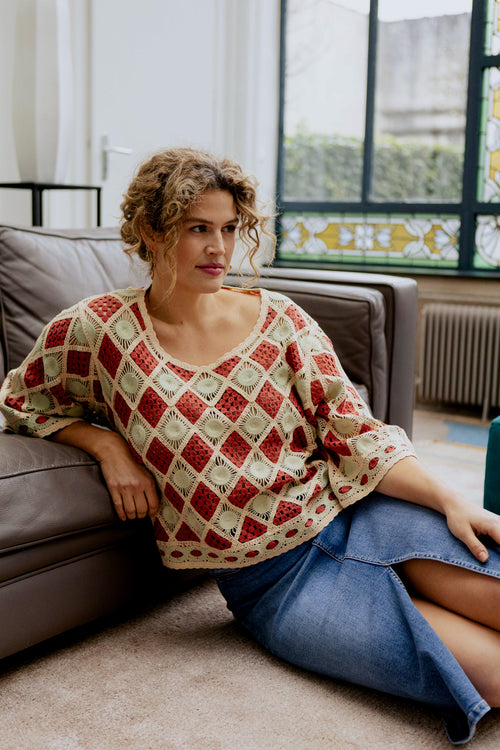 Halflange, effen rok met split vooraan en 5 zakken-Paprika-1