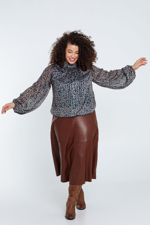 Korte blouse met bladmotief en ballonmouwen-Paprika-8