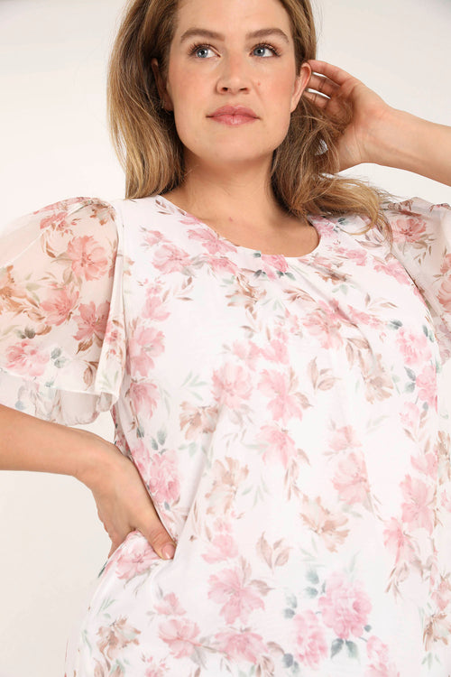 T-shirt van mesh met bloemenprint-Paprika-4
