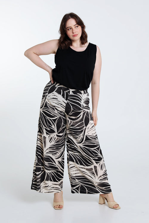 Wijde broek in viscose met getekende bloemenmotief-Paprika-5