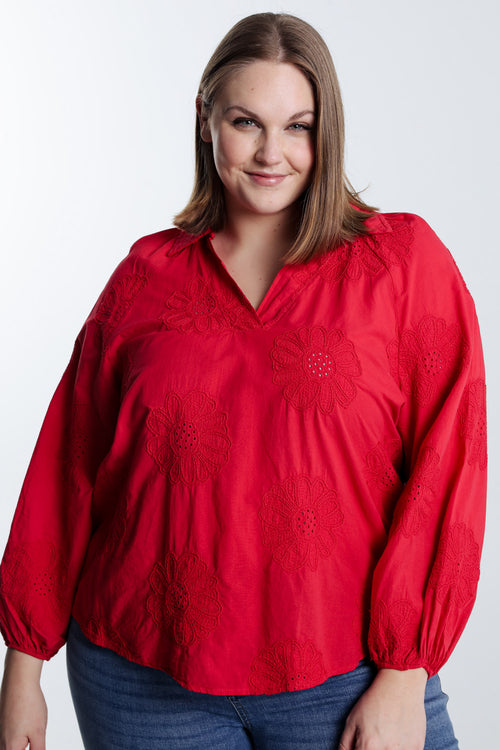 Effen katoenen blouse met geborduurde bloemen-Paprika-3