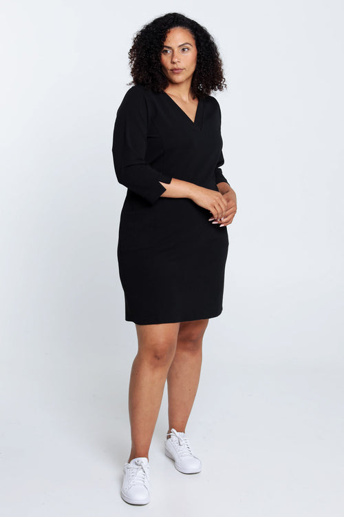 Korte, effen jurk in crêpe met zakken-Paprika-7