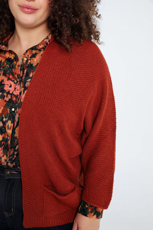 Lange, effen cardigan in rijstkorrel-Paprika-4