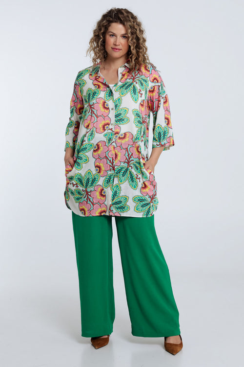 Lange blouse van linnen en viscose met bloemenprint-Paprika-7