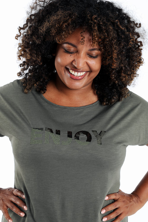 Effen katoenen T-shirt Enjoy met pailletten-Paprika-4