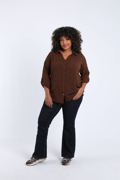 Effen overhemd met reliëf bloemenpatroon-Paprika-7