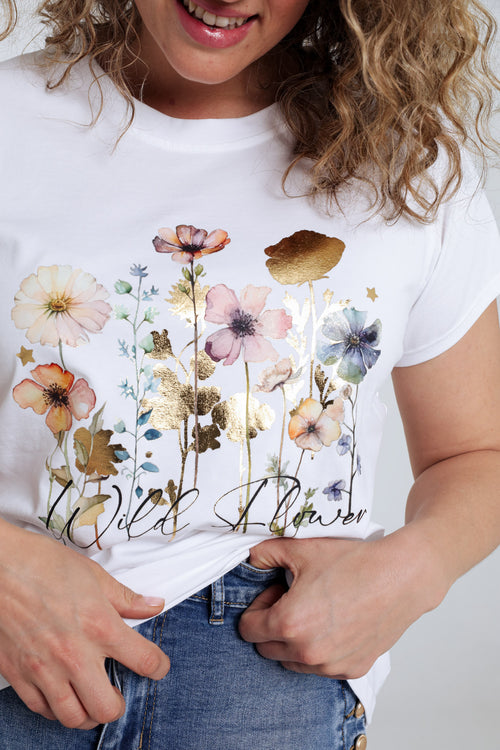 T-shirt van katoen met bloemenprint en folie-Paprika-5