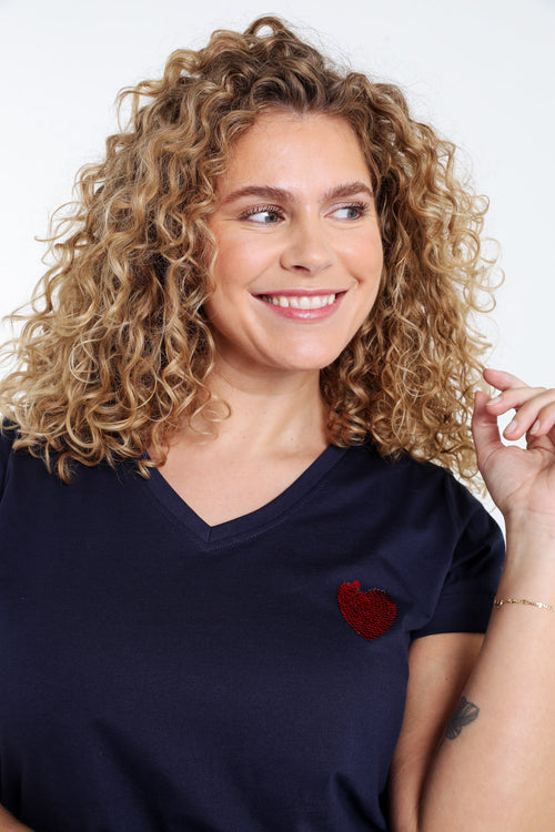 Effen katoenen T-shirt met hart van pailletten-Paprika-3