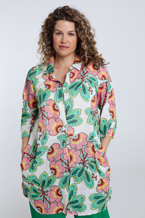 Lange blouse van linnen en viscose met bloemenprint-Paprika-1