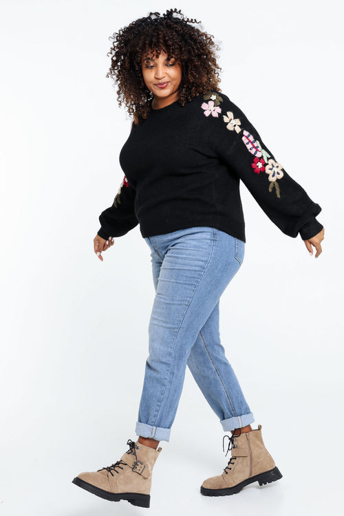 Effen trui met borduureffect op de mouwen-Paprika-10