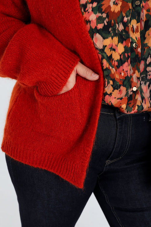 Effen, open cardigan in zacht mohair-Paprika-5