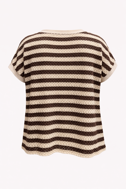 Gestreept T-shirt van opengewerkte stof-Paprika-2