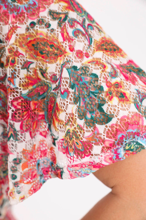 T-shirt van kant met print van Indiase bloemen-Paprika-4