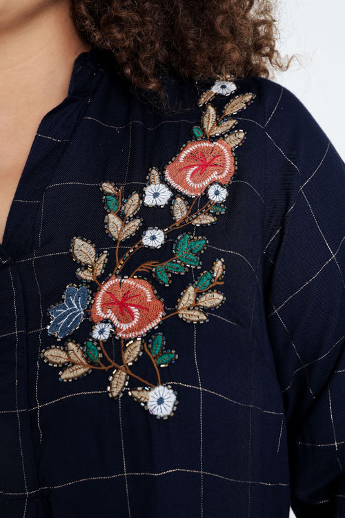 Lange, geruite blouse in viscose met borduurwerk-Paprika-6