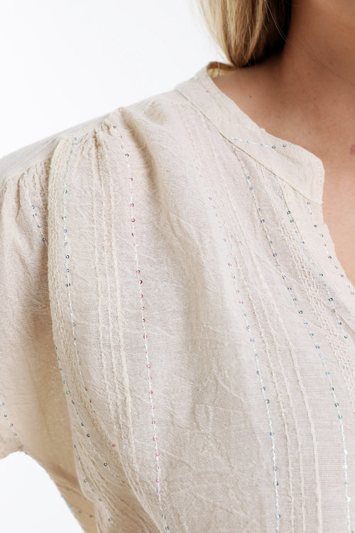 Effen katoenen blouse met gestreepte pailletten-Paprika-4