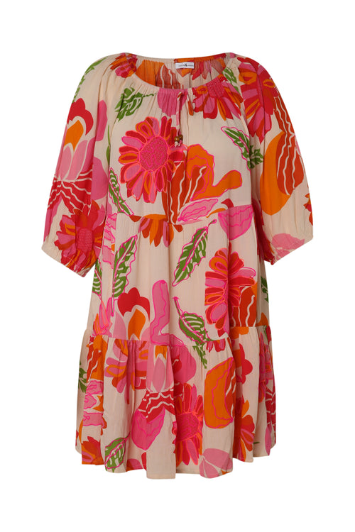 Korte jurk van viscose met bloemenprint-Paprika-10