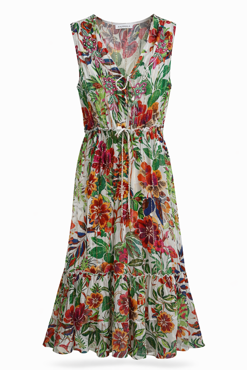 Jurk van viscose met bloemenprint en lurex-Paprika-10