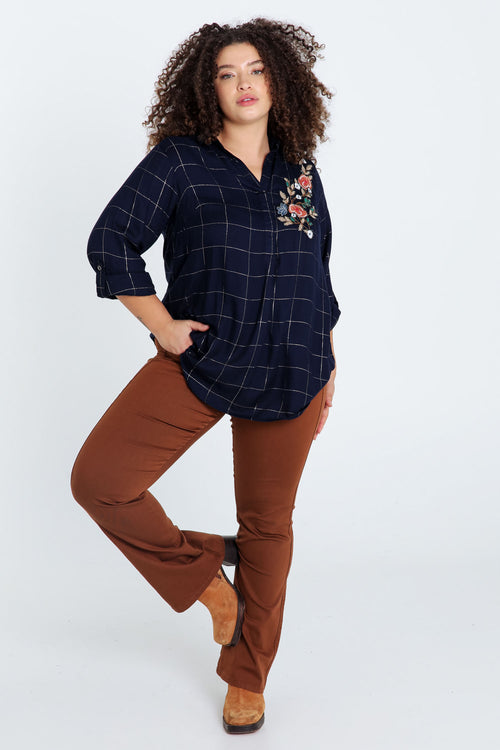 Lange, geruite blouse in viscose met borduurwerk-Paprika-9