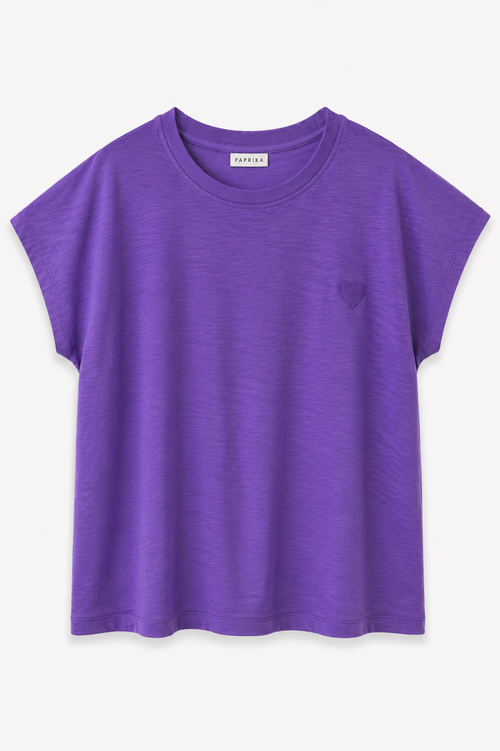 Effen katoenen T-shirt met textuur + geborduurd hart-Paprika-1