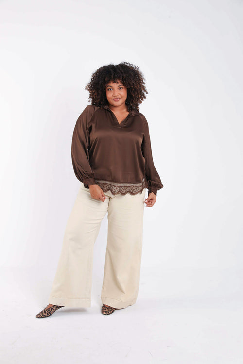 Blouse van viscose met satijneffect, effen met kant-Paprika-8