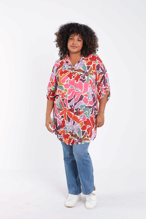 Lange blouse in viscose met bloemenprint-Paprika-7