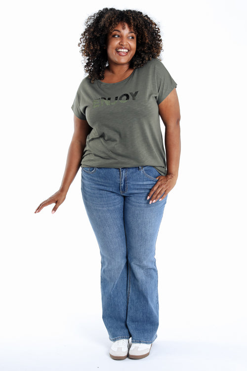 Effen katoenen T-shirt Enjoy met pailletten-Paprika-8