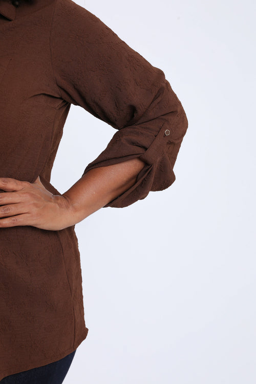 Effen overhemd met reliëf bloemenpatroon-Paprika-4