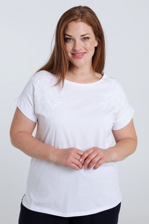 Effen katoenen T-shirt met geborduurde bloemen-Paprika-1