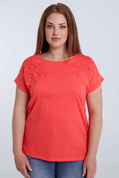 Effen katoenen T-shirt met geborduurde bloemen-Paprika-2