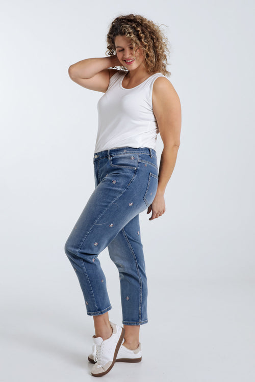 Slim-fit jeans 7/8 met geborduurde bloemen-Paprika-9