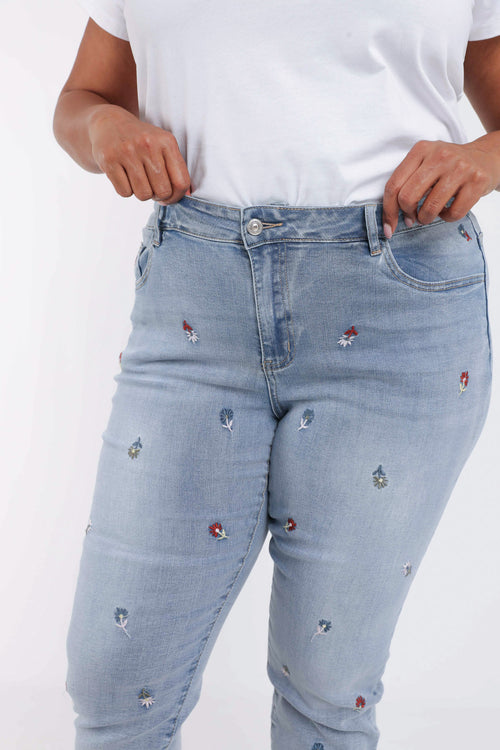 Slim fit jeans Louise 7/8 met bloemenborduursels-Paprika-5