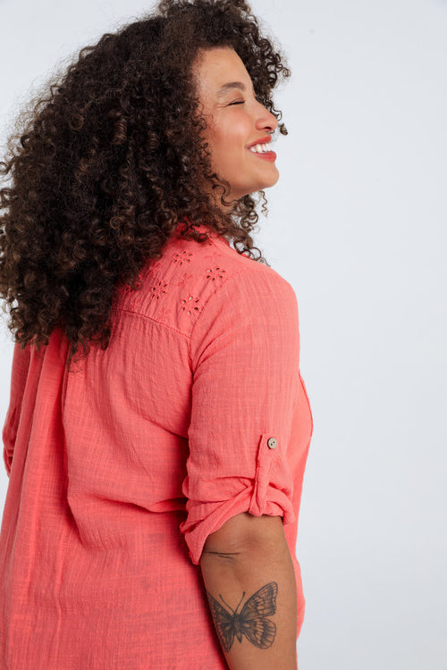 Blouse van effen katoen gaas-Paprika-3
