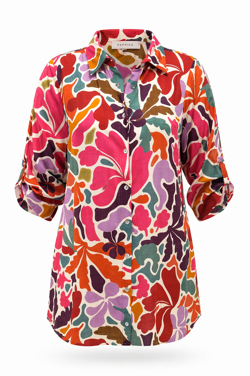 Lange blouse in viscose met bloemenprint-Paprika-10