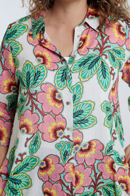 Lange blouse van linnen en viscose met bloemenprint-Paprika-4