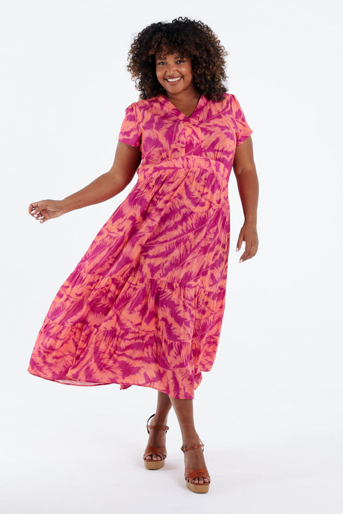 Lange jurk van viscose met bladerenprint-Paprika-8