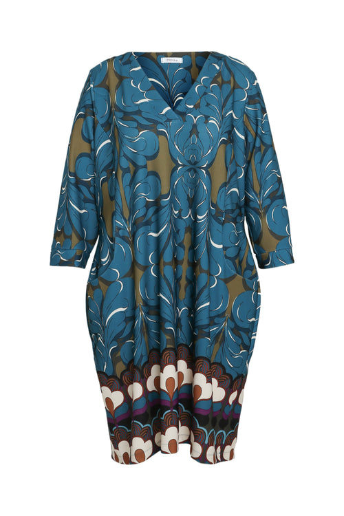 Korte, rechte jurk met geplaatste etnische print-Paprika-10