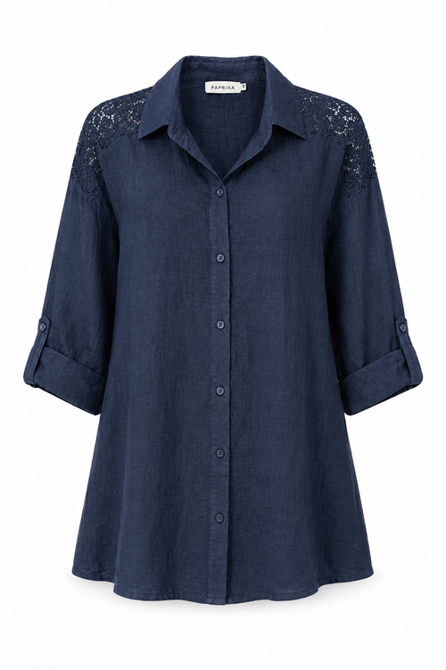Effen linnen blouse met kant-Paprika-2