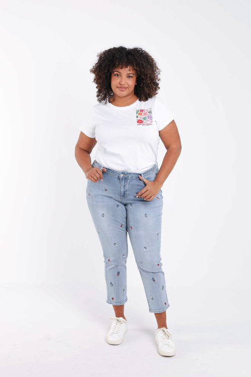 Slim fit jeans Louise 7/8 met bloemenborduursels-Paprika-8