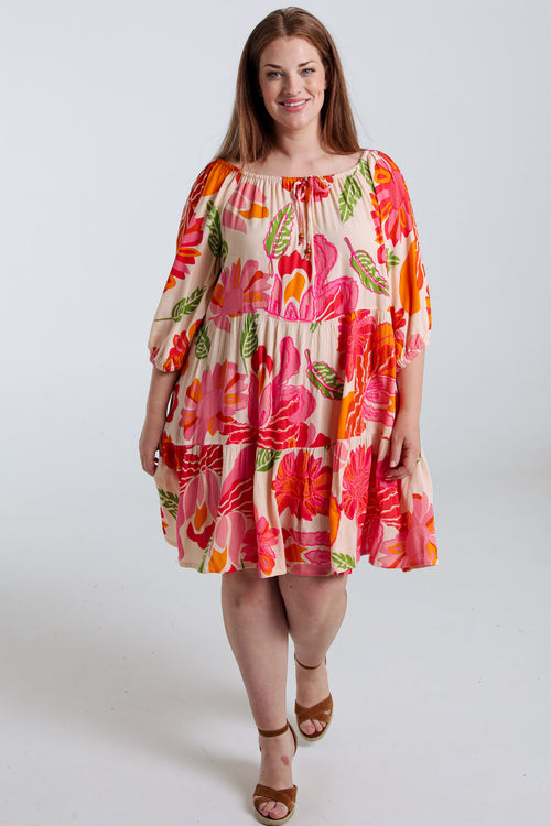 Korte jurk van viscose met bloemenprint-Paprika-7