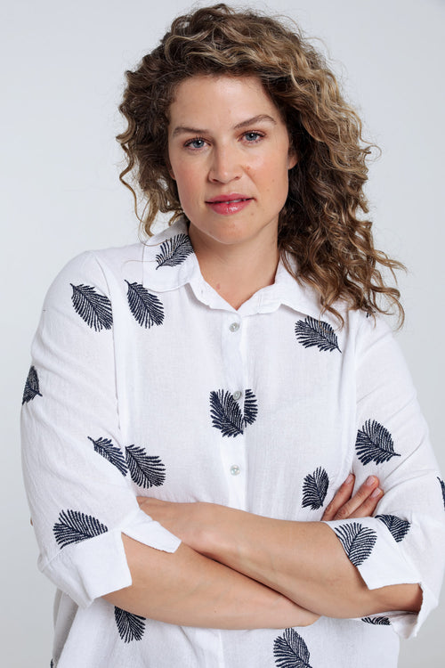 Effen katoenen overhemd met geborduurde bladeren-Paprika-3