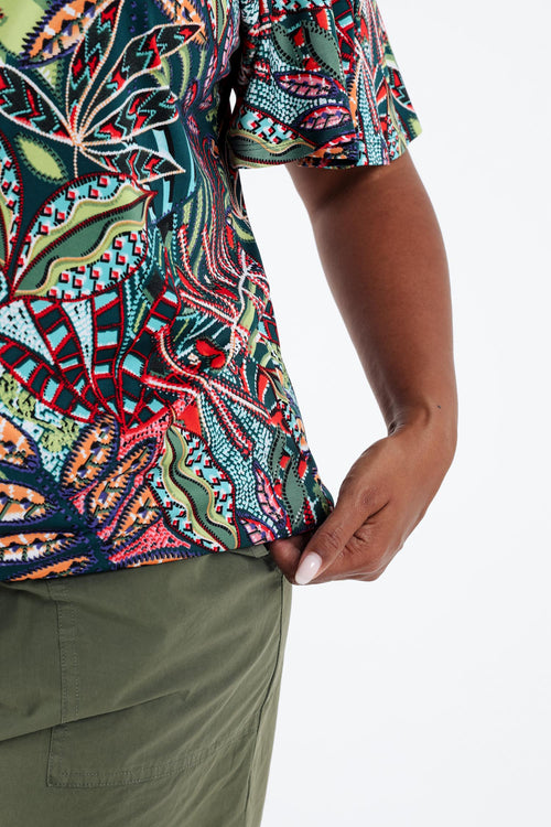 T-shirt van koud gaas met bladerenprint-Paprika-5