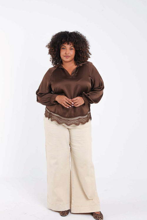 Blouse van viscose met satijneffect, effen met kant-Paprika-9