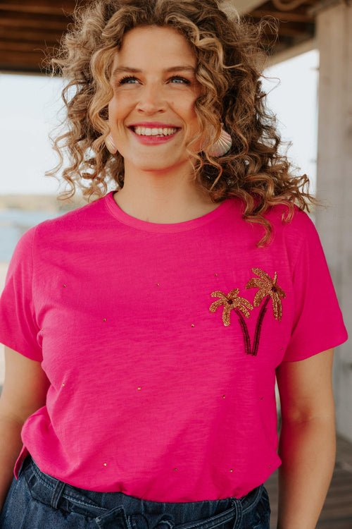 T-shirt van katoen met palmbomen in pailletten-Paprika-2