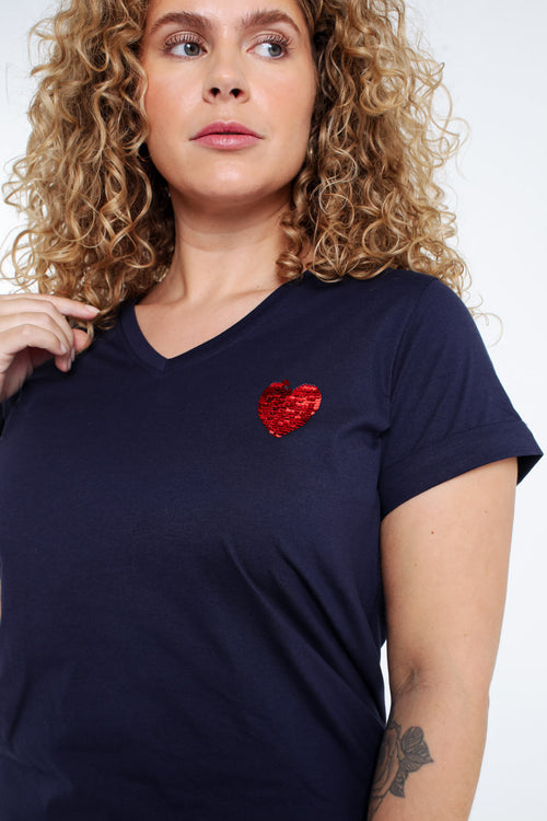 Effen katoenen T-shirt met hart van pailletten-Paprika-5