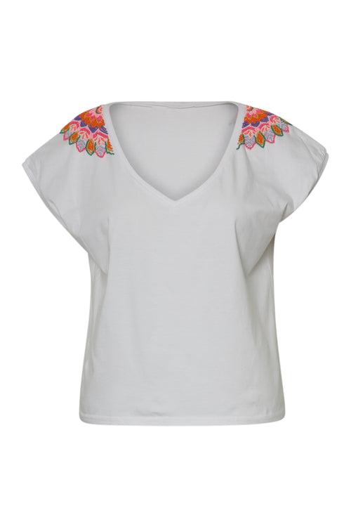 Effen katoenen T-shirt met mandala van kralen-Paprika-1