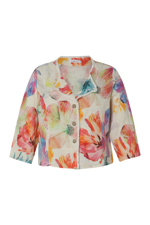 Korte jas van bedrukte linnen met bloemenprint-Paprika-1