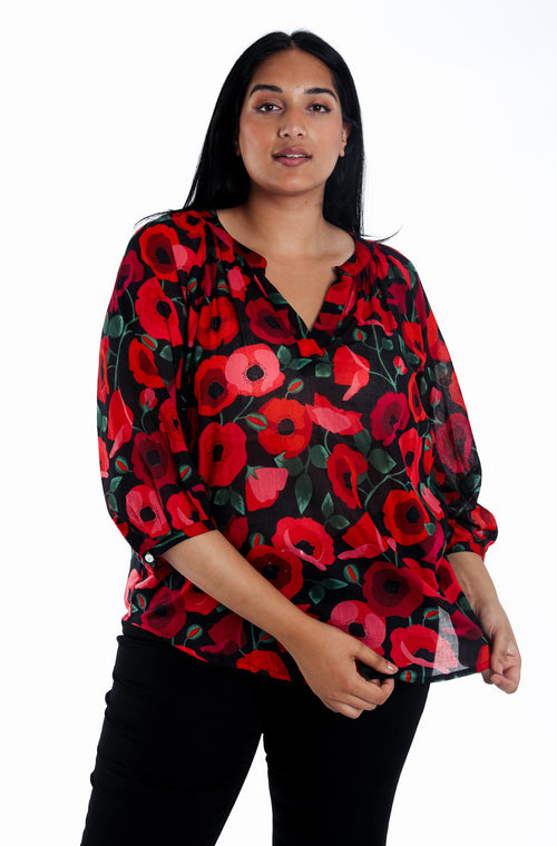 Blouse en coton imprimé coquelicots-Paprika-1