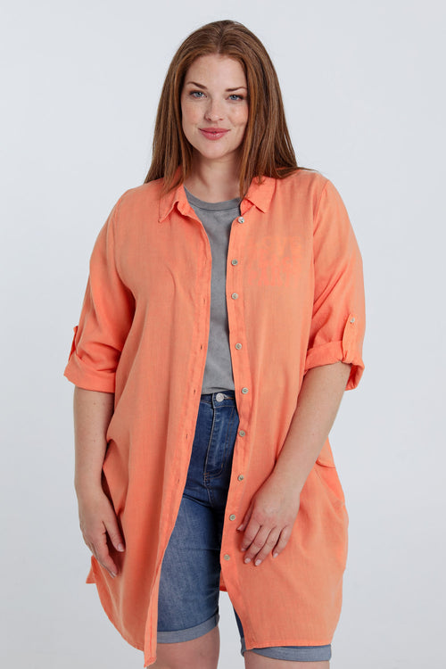 Effen lange linnen en viscose blouse-Paprika-2